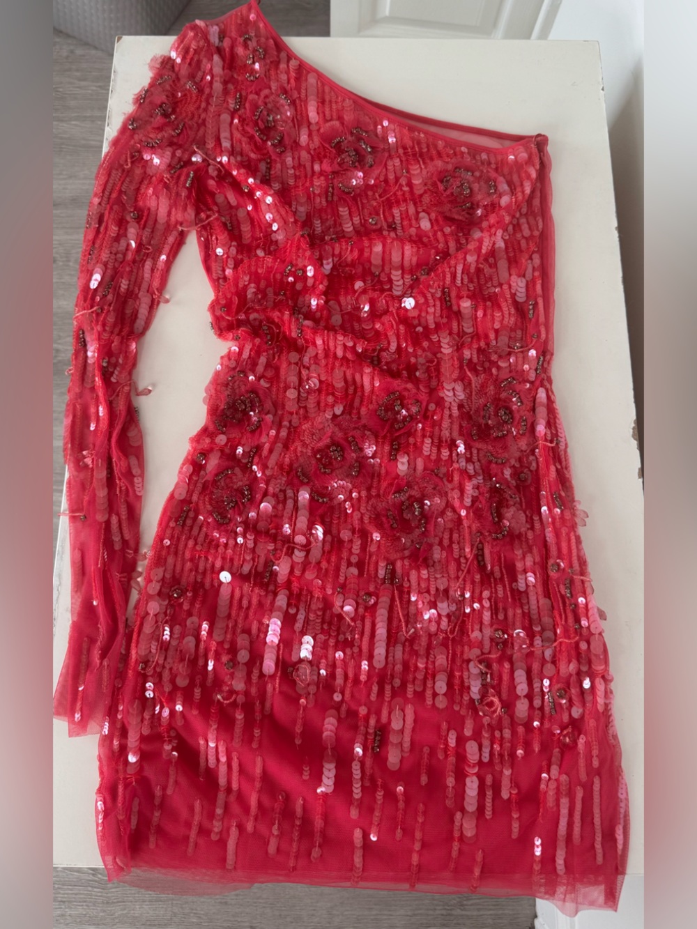 Sequin One-Shoulder Sheer Mini Dress in Hot Pink Designer Dress